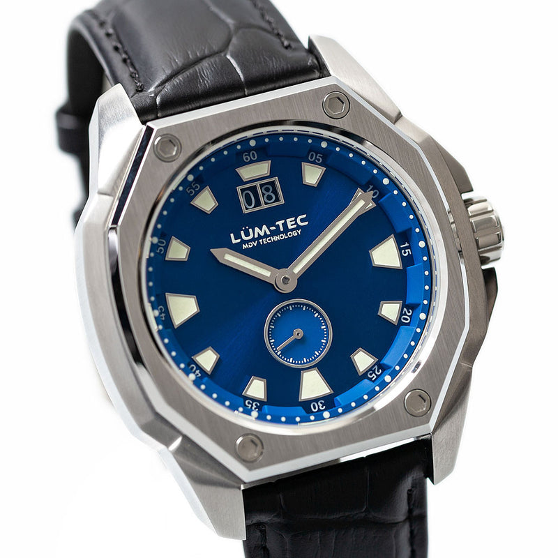 Lum-Tec 44mm Watch with Blue Sunburst Dial, Big-Date, and Anti-Reflective Sapphire Crystal #V-8