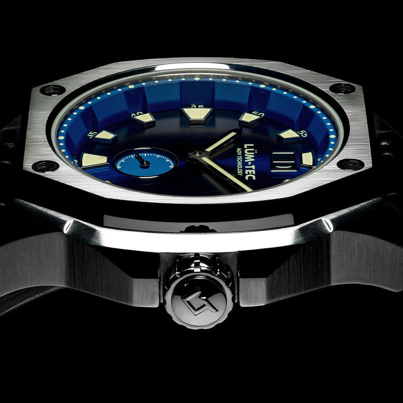 Lum-Tec 44mm Watch with Blue Sunburst Dial, Big-Date, and Anti-Reflective Sapphire Crystal #V-8
