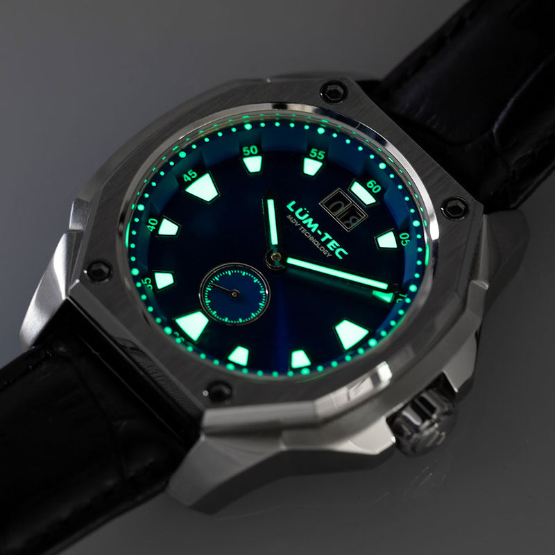 Lum-Tec 44mm Watch with Blue Sunburst Dial, Big-Date, and Anti-Reflective Sapphire Crystal #V-8