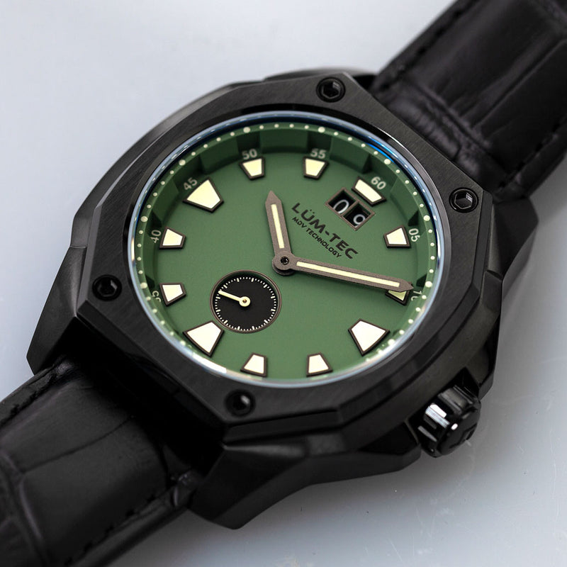 Lum-Tec 44mm Watch with Green Dial, Big-Date, and Anti-Reflective Sapphire Crystal #V-9