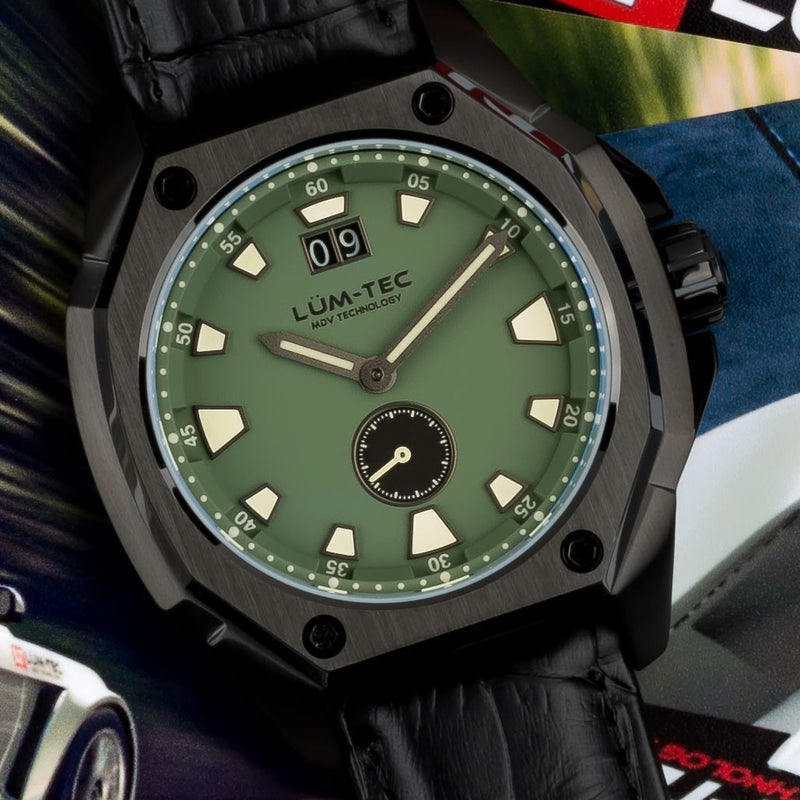 Lum-Tec 44mm Watch with Green Dial, Big-Date, and Anti-Reflective Sapphire Crystal #V-9