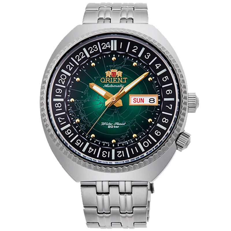 Orient Vintage-Inspired Automatic Dual-Time Watch with a Green World Dial #RA-AA0E02E19B