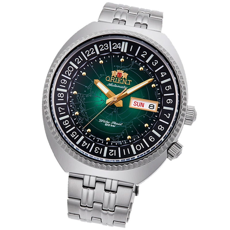 Orient Vintage-Inspired Automatic Dual-Time Watch with a Green World Dial #RA-AA0E02E19B