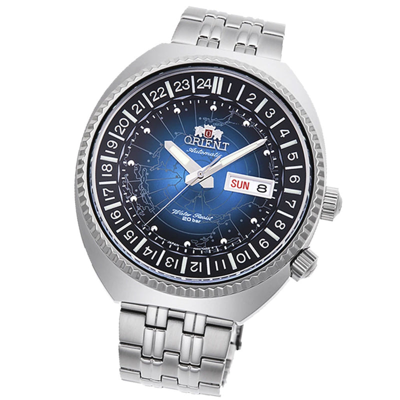 Orient Vintage-Inspired Automatic Dual-Time Watch with a Blue World Dial #RA-AA0E03L19B