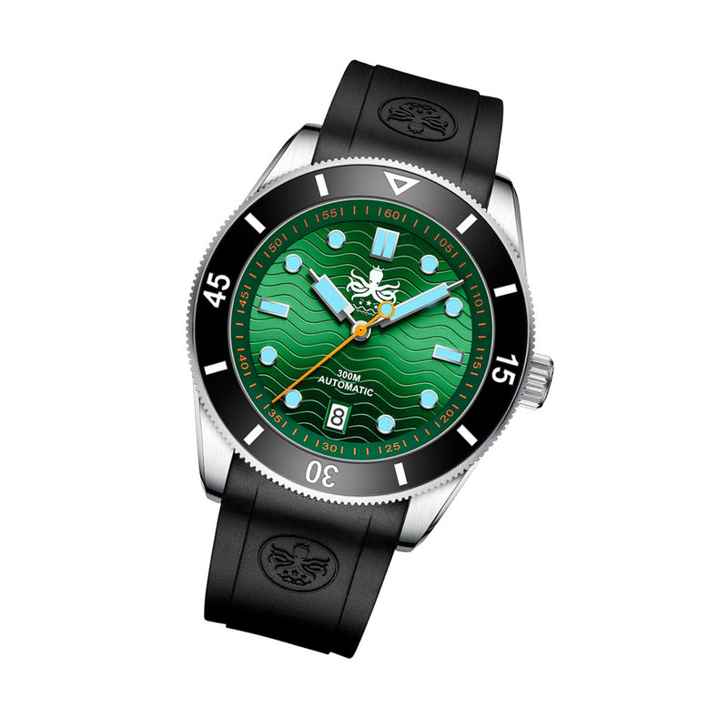 PHOIBOS Wave Master 300-Meter Automatic Dive Watch with Green Dial #PY010AR tilt