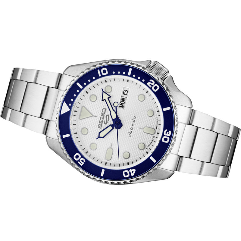Seiko 5 Sports 24-Jewel Automatic Watch with Textured White Dial and SS Bracelet #SRPG47