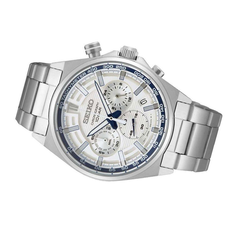 Seiko Quartz Chronograph with 60-minute timer, stop-watch style pusher and a 24-hour sub-dial  #SSB395