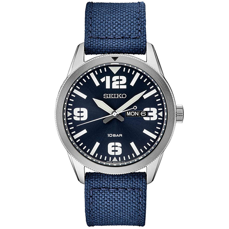 Seiko 43mm Quartz watch with an easy-to-read blue dial with a day and date window #SUR491