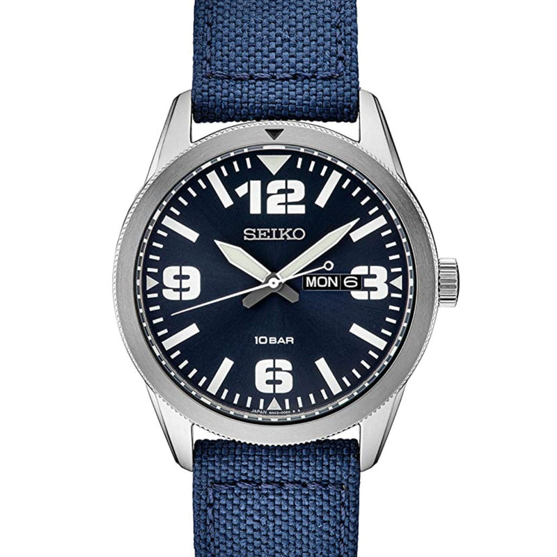 Seiko 43mm Quartz watch with an easy-to-read blue dial with a day and date window #SUR491