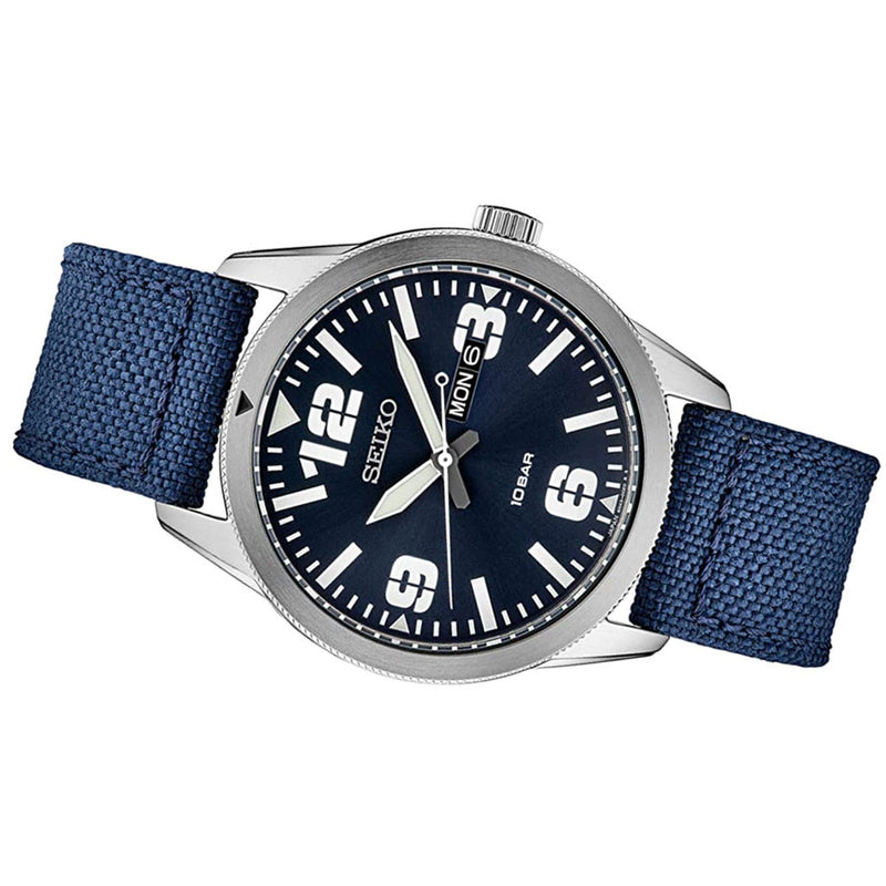 Seiko 43mm Quartz watch with an easy-to-read blue dial with a day and date window #SUR491