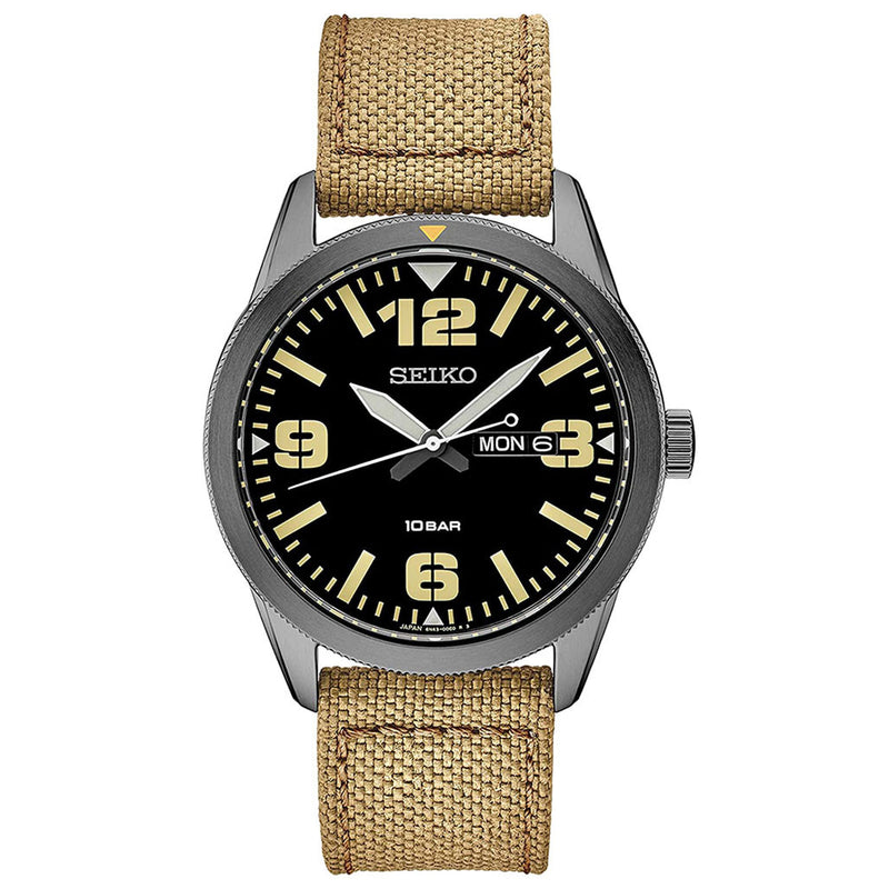 Seiko 43mm PVD Case Quartz watch with an easy-to-read black dial with day and date #SUR493
