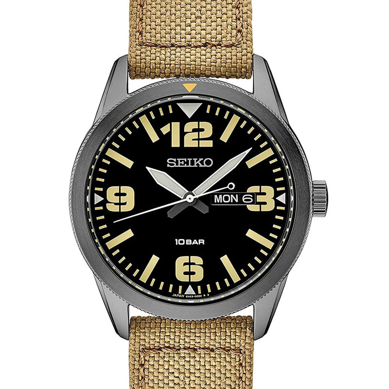 Seiko 43mm PVD Case Quartz watch with an easy-to-read black dial with day and date #SUR493