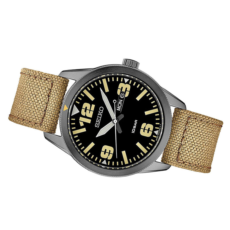 Seiko 43mm PVD Case Quartz watch with an easy-to-read black dial with day and date #SUR493