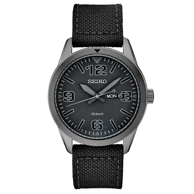 Seiko 43mm Quartz watch with a black pilot-style dial with a day and date window #SUR495