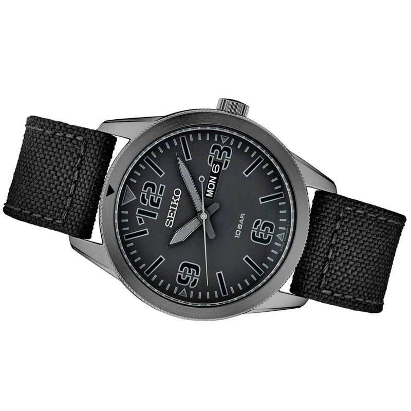 Seiko 43mm Quartz watch with a black pilot-style dial with a day and date window #SUR495