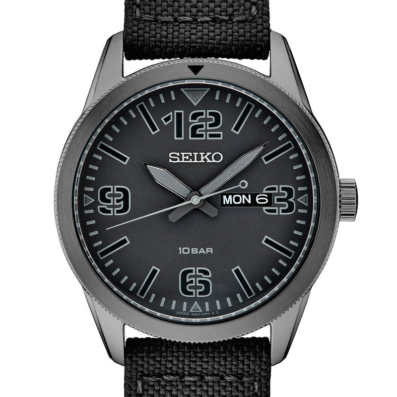 Seiko 43mm Quartz watch with a black pilot-style dial with a day and date window #SUR495