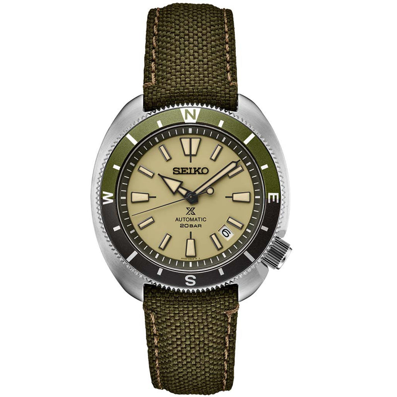 Seiko Prospex Automatic Dive Watch with Beige Dial and Olive Canvas Strap #SRPG13