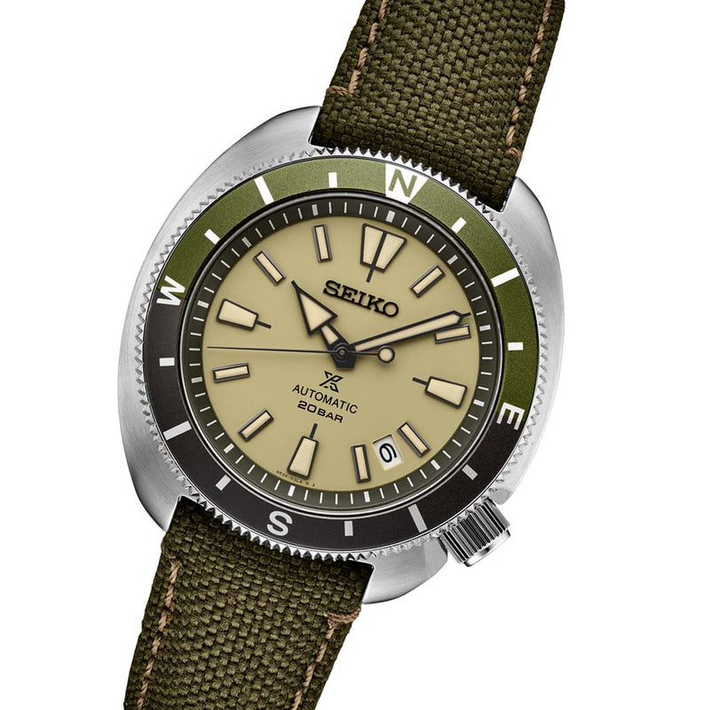 Seiko Prospex Automatic Dive Watch with Beige Dial and Olive Canvas Strap #SRPG13