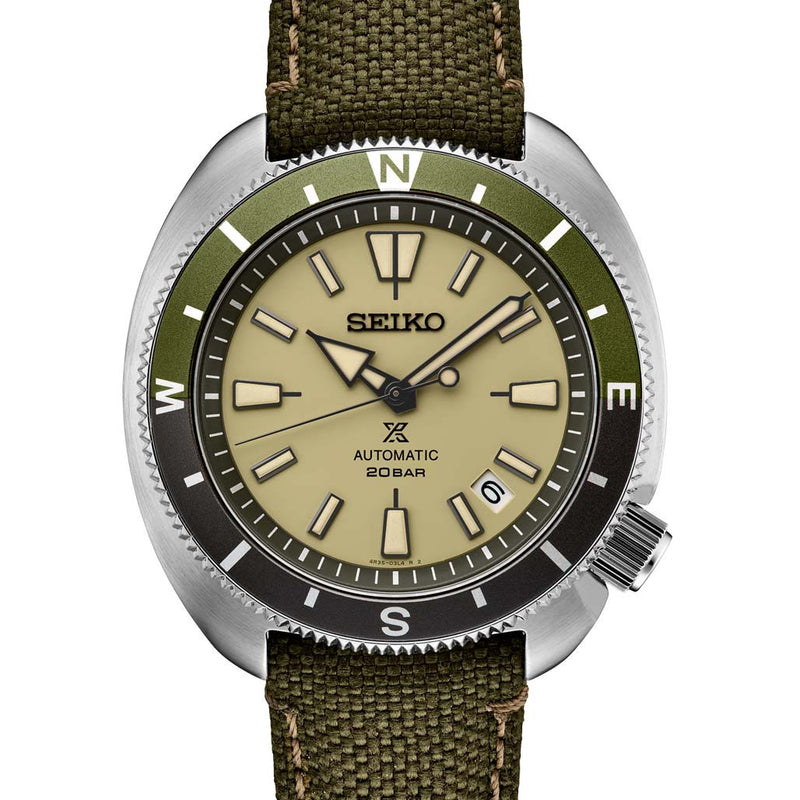 Seiko Prospex Automatic Dive Watch with Beige Dial and Olive Canvas Strap #SRPG13
