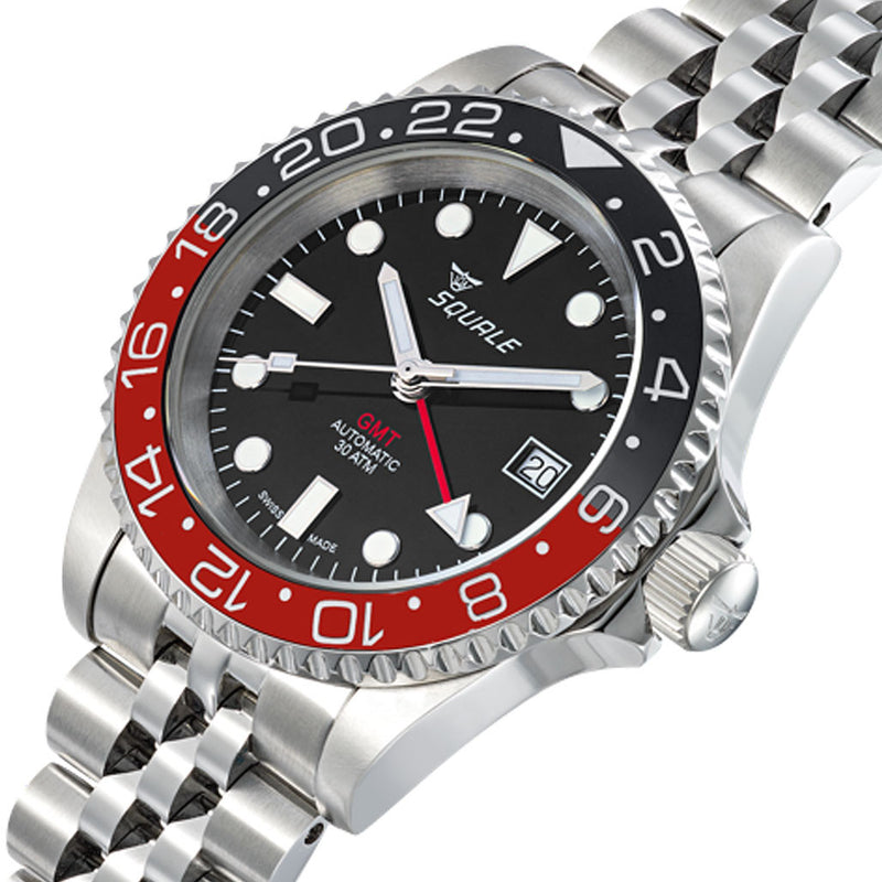 Squale 300 meter Swiss Automatic GMT watch with Luminous Ceramic Bezel, AR Sapphire Crystal #1545GM-CER-BKRD