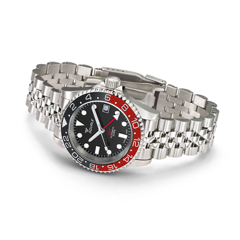 Squale 300 meter Swiss Automatic GMT watch with Luminous Ceramic Bezel, AR Sapphire Crystal #1545GM-CER-BKRD