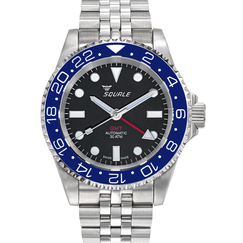 Squale 300 meter Swiss Automatic GMT watch with Luminous Ceramic Bezel, AR Sapphire Crystal #1545GM-CER-BLU