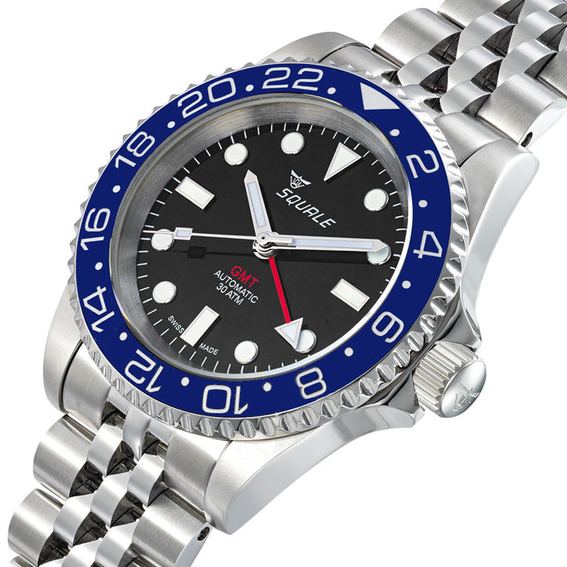 Squale 300 meter Swiss Automatic GMT watch with Luminous Ceramic Bezel, AR Sapphire Crystal #1545GM-CER-BLU