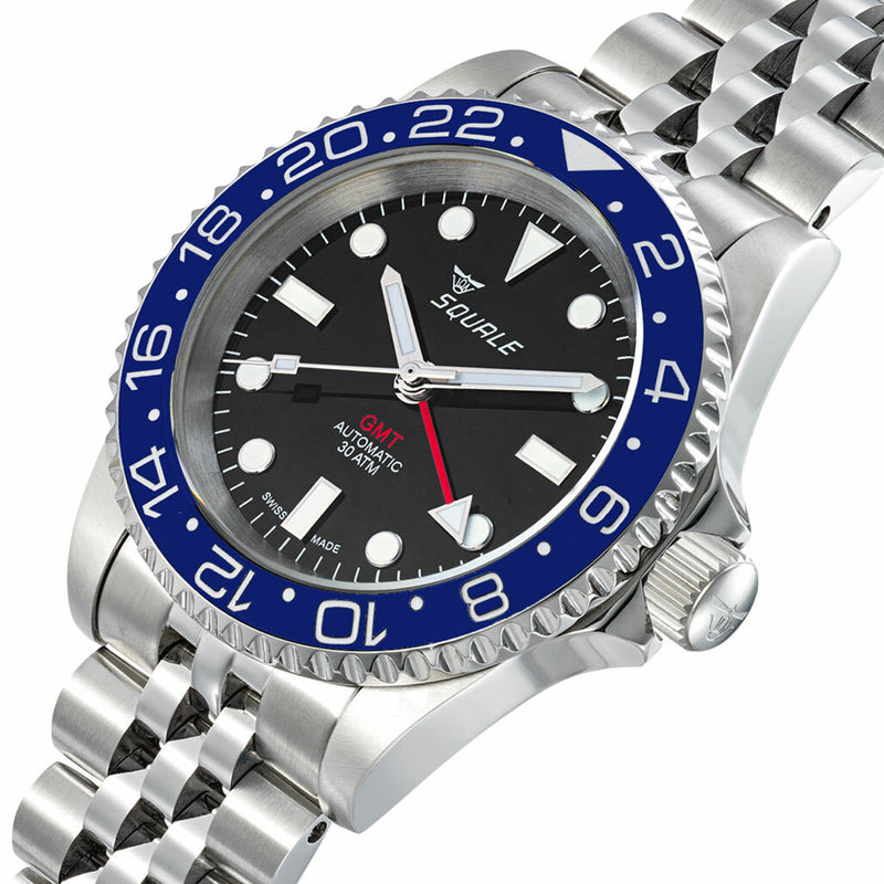 Scratch and Dent - Squale 300 meter Swiss Automatic GMT watch with Luminous Ceramic Bezel, AR Sapphire Crystal #1545GM-CER-BLU