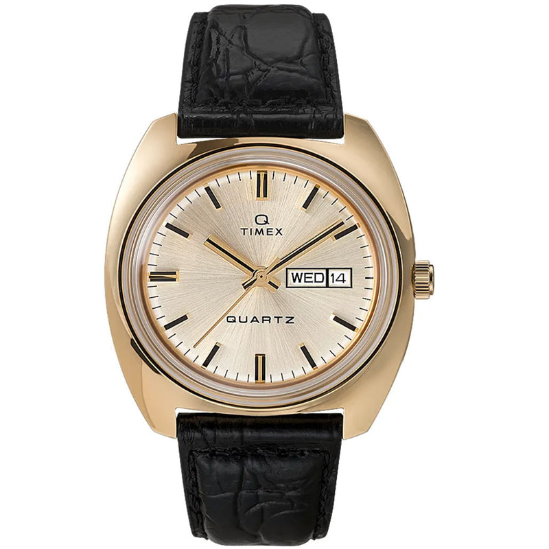 Q Timex Reissue of 1975's 38mm Goldtone Leather Strap Watch #TW2U87800ZV