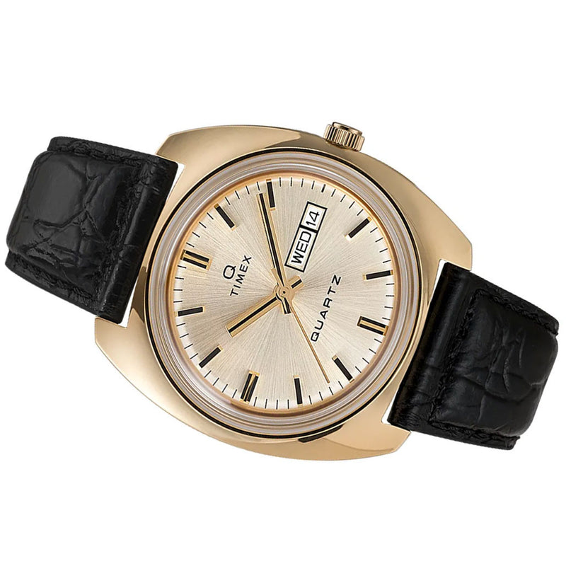 Q Timex Reissue of 1975's 38mm Goldtone Leather Strap Watch #TW2U87800ZV