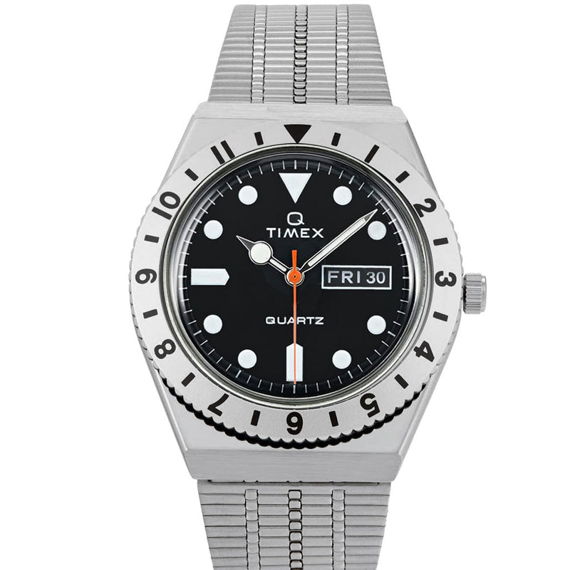 Q Timex Reissue of 1970's 38mm Black Dial, Stainless Steel Bracelet Watch #TW2V00100ZV